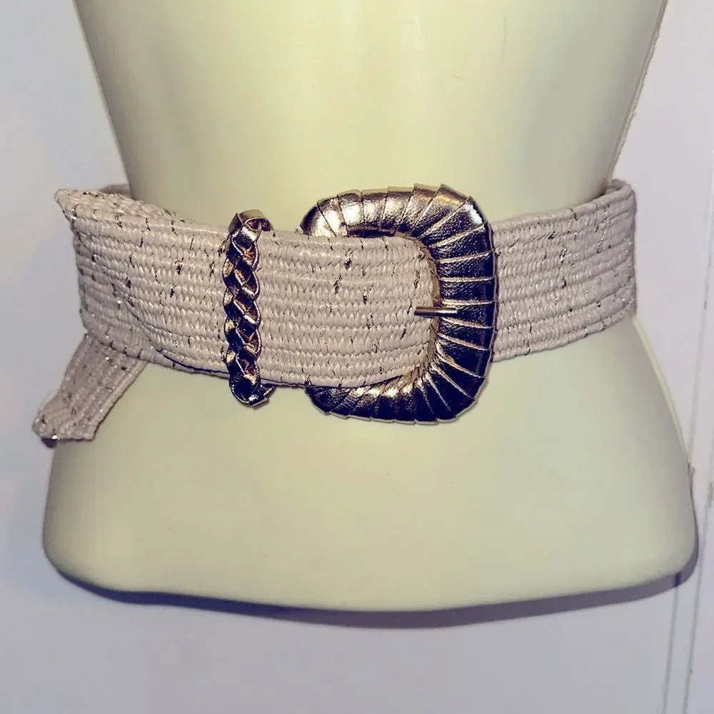 Vintage 80s/90s wide tan with gold metallic threads elastic‎ belt  - S/M